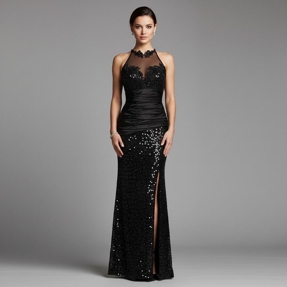 Vintage Giovanna Sequin & Satin Lace Top Ruched Waist Party Dress Black Size XS